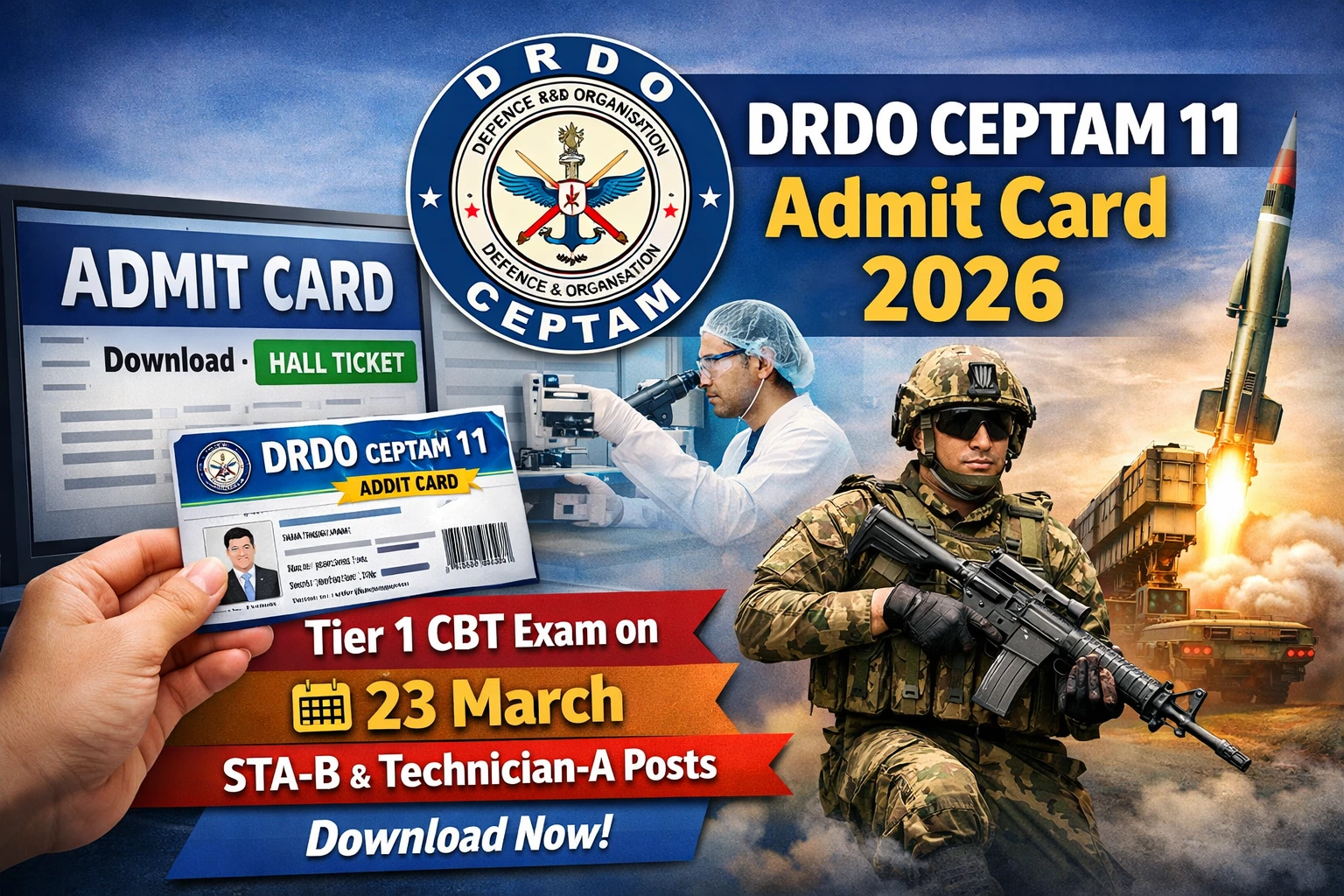 DRDO CEPTAM 11 Admit Card 2026 Download, Tier 1 CBT Hall Ticket, STA-B Technician A Exam Date 23 March