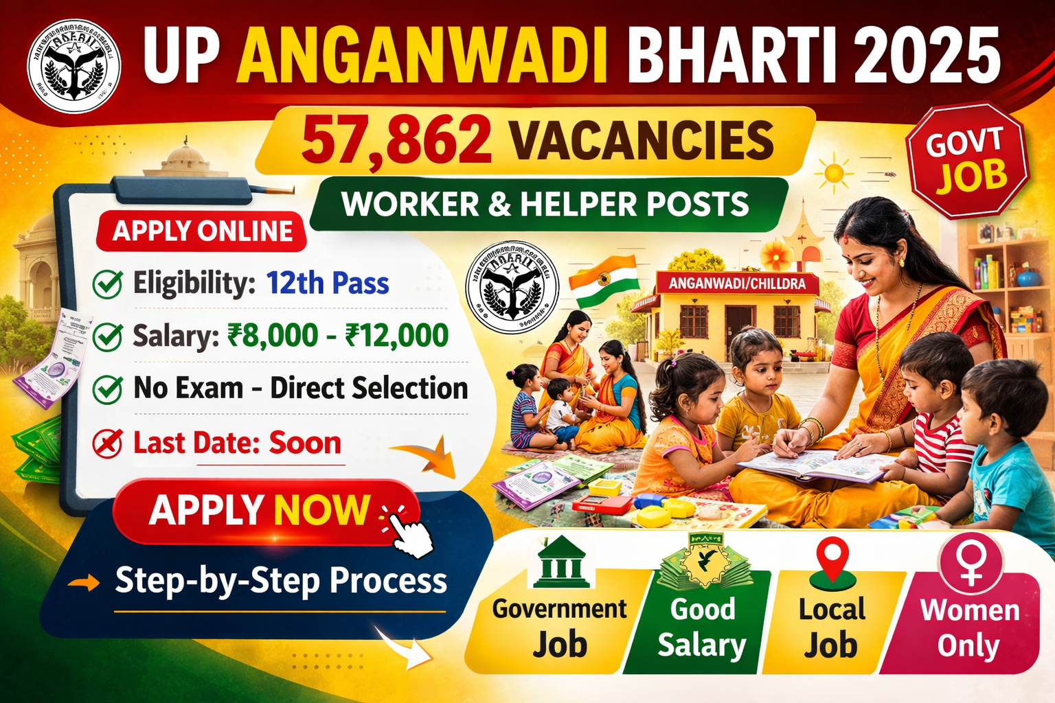 UP Anganwadi Bharti 2025 Notification, 57862 Vacancy Details, Eligibility, Apply Online